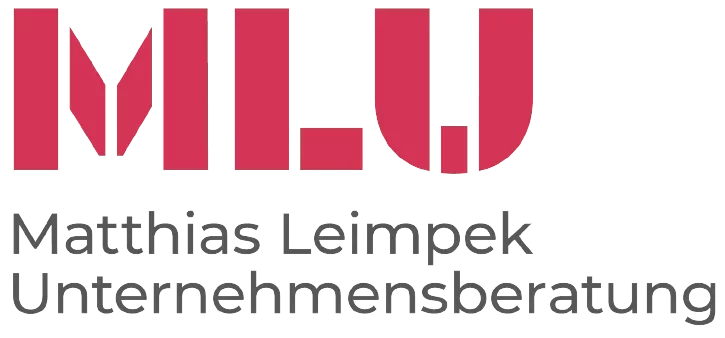 Das Logo, welches ein roten Schriftzug: MLU hat, unter welschen ein kleinerer Dunkel Grauer Schriftzug verläuft: Matthias Leimpek Unternehmensberatung.
